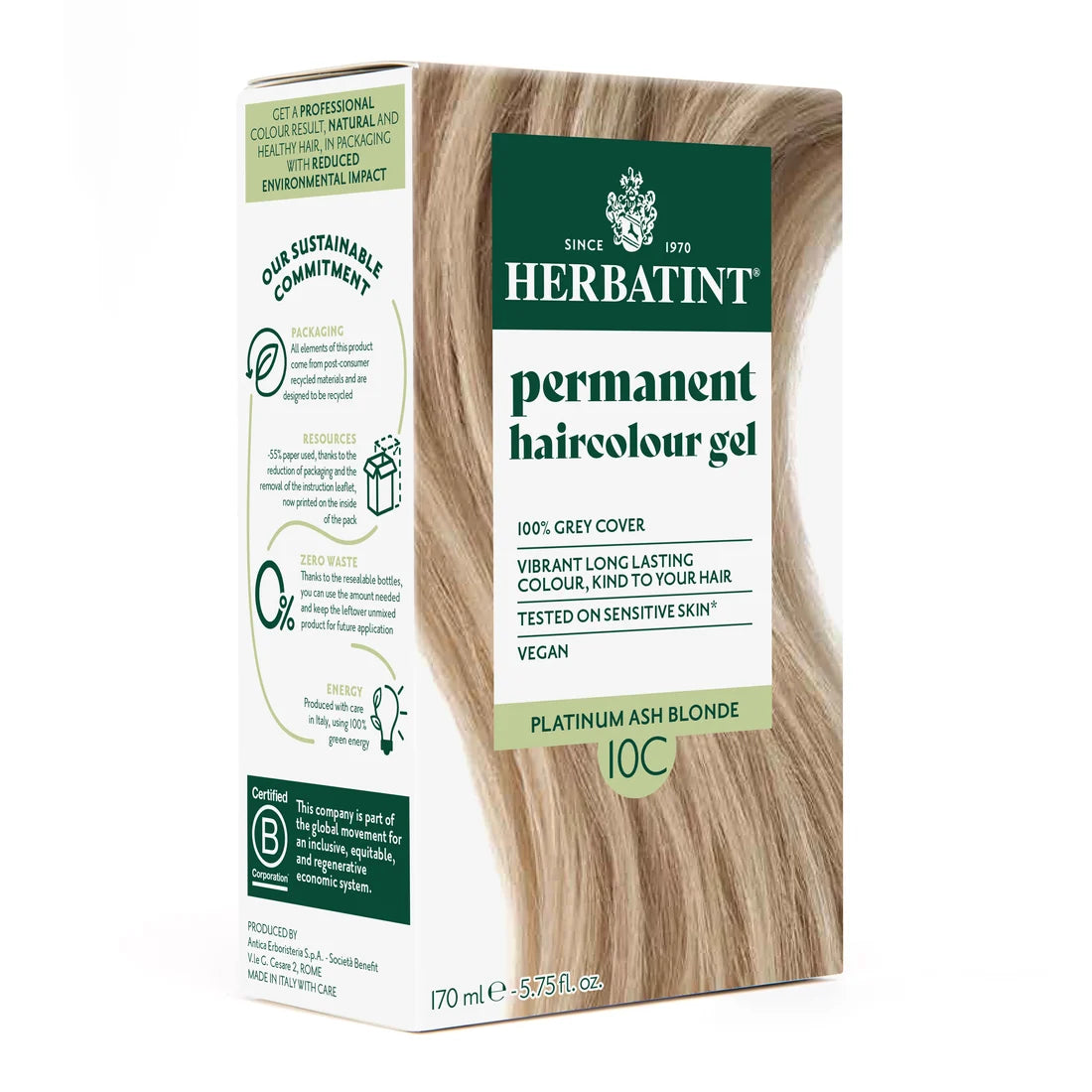 Herbatint Permanent haircolour gel 10C Platinum Ash Blonde, 170 ml