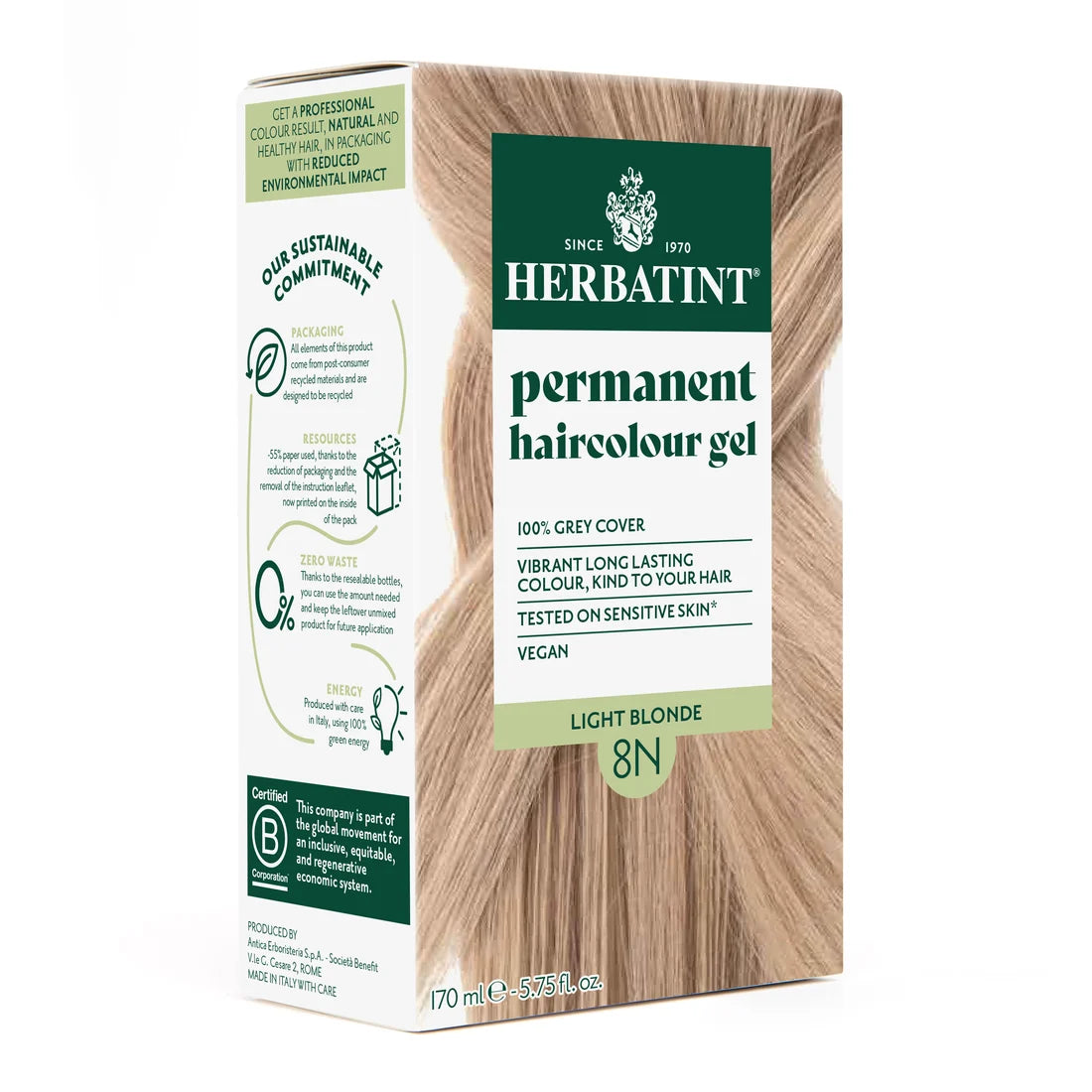 Herbatint Permanent haircolour gel 8N Light Blonde, 170 ml
